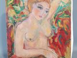 une peinture à l'huile représentant une femme nue assise sur une chaise rouge