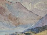 a watercolor painting of a landscape with mountains in the background