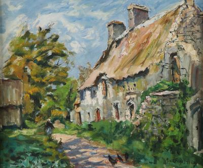 une peinture à l'huile représentant une maison au toit de chaume et un chien marchant sur un sentier