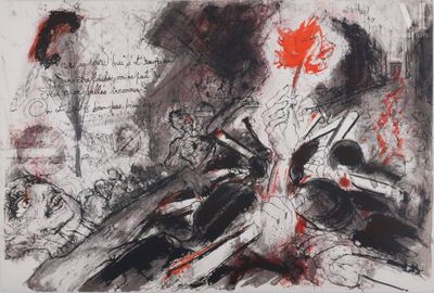un dessin en noir et blanc représentant une fleur rouge sur une feuille de papier