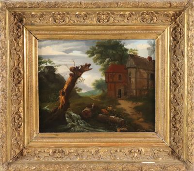 an oil painting on canvas of a farm scene with cows and a house