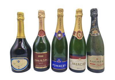 six bottles of champagne are lined up in a row