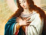 an image of a painting of the virgin mary holding a dove