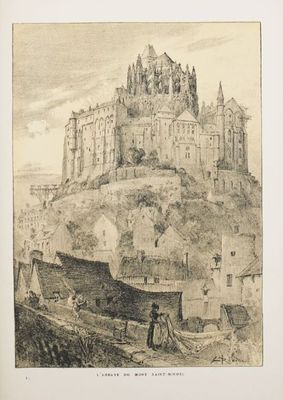 dessin représentant un château au sommet d'une colline, avec un cheval tiré par un homme