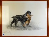 tableau représentant un chien tenant un bâton dans la gueule, dans un champ