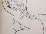 drawing of a woman sitting on a stool with her arms in the air