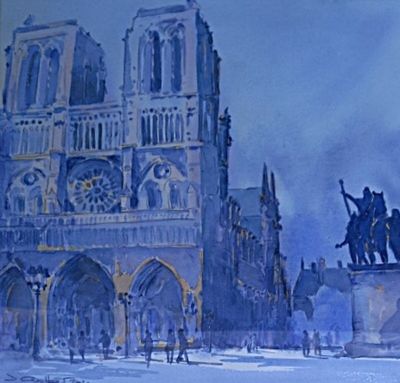 a painting of a painting of a building with a statue in front of it