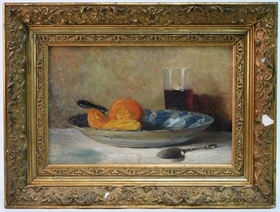 a painting of a bowl of oranges and a glass of wine