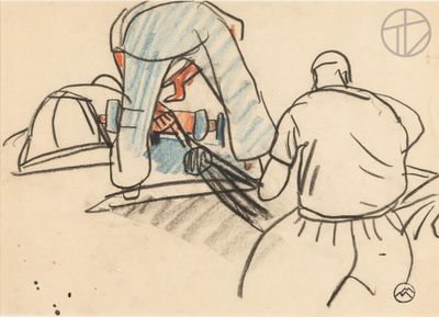 drawing of a man standing in front of a car and another man standing next to him