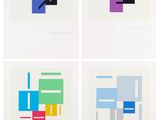 four different colored squares are arranged on a white surface