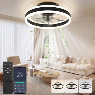 an image of a living room with a ceiling fan and remote control