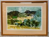 aquarelle encadrée représentant un paysage avec une montagne en arrière-plan