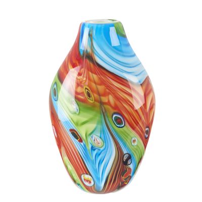 a glass vase with a multicolored design on it