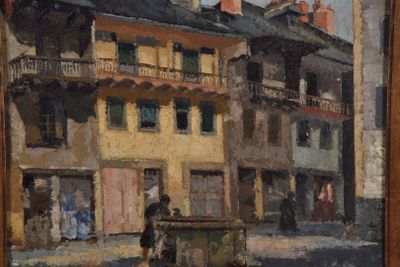 a painting of a horse drawn carriage on the street