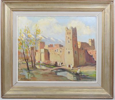 une peinture à l'huile représentant une scène de village avec un homme à cheval