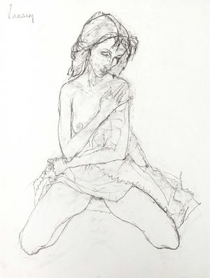 drawing of a woman sitting on the ground with her hands on her knees