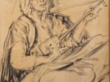un vieux dessin représentant une femme jouant de la guitare, dans un cadre en bois