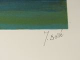 an image of a painting of a blue and green field with trees