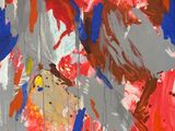 abstract painting of red, orange, blue, and white paint on a wooden panel