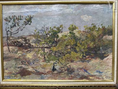 une peinture à l'huile représentant un paysage avec des arbres et un personnage