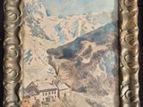 an old picture frame with a picture of a mountain scene in it