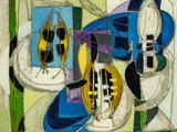 a painting of a blue and yellow boat on a green and white background