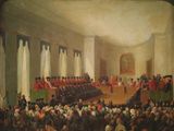 an old painting of a large room full of people in red coats