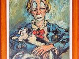 painting of a woman holding a dog in her arms in a wooden frame