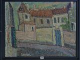 une peinture à l'huile représentant un bâtiment au toit rouge, dans un cadre noir