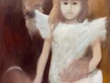 an oil painting of a little girl in a white dress sitting on a man ' s lap