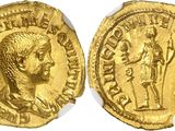 a gold coin with an image of a man holding a sword