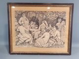 a black and white drawing of a group of people in a garden
