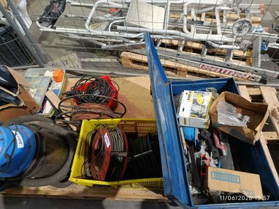 a box full of assorted electrical equipment on a pallet