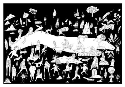 un dessin en noir et blanc représentant des personnes et des animaux dans une forêt