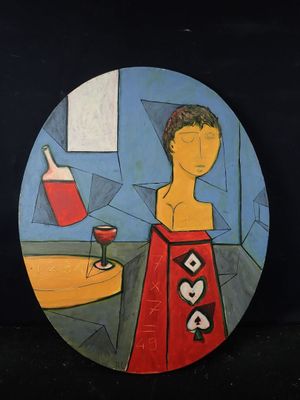un tableau représentant un homme avec un verre de vin posé sur une table