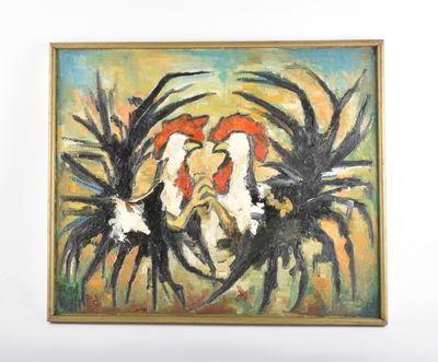 tableau représentant deux coqs dans un champ d'herbe, près d'un mur blanc