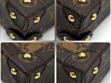four different shots of a brown purse with gold studded handles