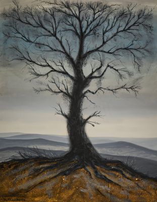 une peinture représentant un arbre sur une colline, avec le ciel en arrière-plan