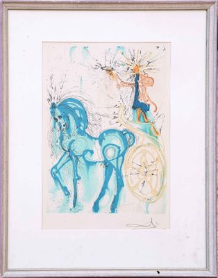 tableau représentant un cheval bleu avec un homme à sa selle