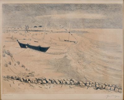 drawing of a boat on the shore of a body of water