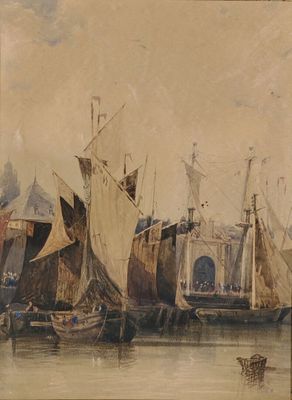 a painting of a harbor scene with boats in the water
