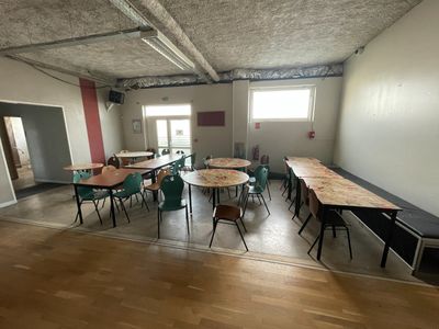 a room with tables and chairs in it that is empty