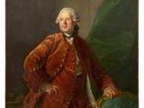 an old painting of a man in a red suit standing next to a green chair