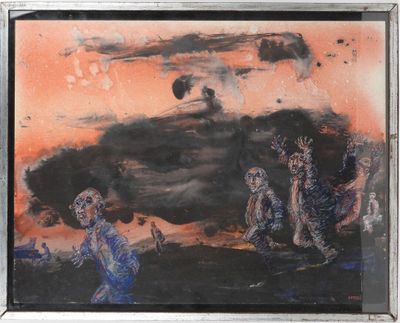 painting of a group of zombies in a field with a sky in the background