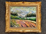peinture d'un paysage avec des montagnes en arrière-plan