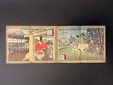two old japanese paintings of a man riding a horse and a woman riding a horse