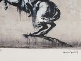 painting of a man riding a horse on the side of a wall