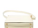a white purse with a strap and a gold clasp