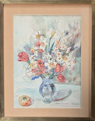 a painting of flowers in a vase on a table