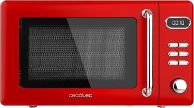 Le micro-ondes est rouge et dispose d'un écran numérique sur la porte.
